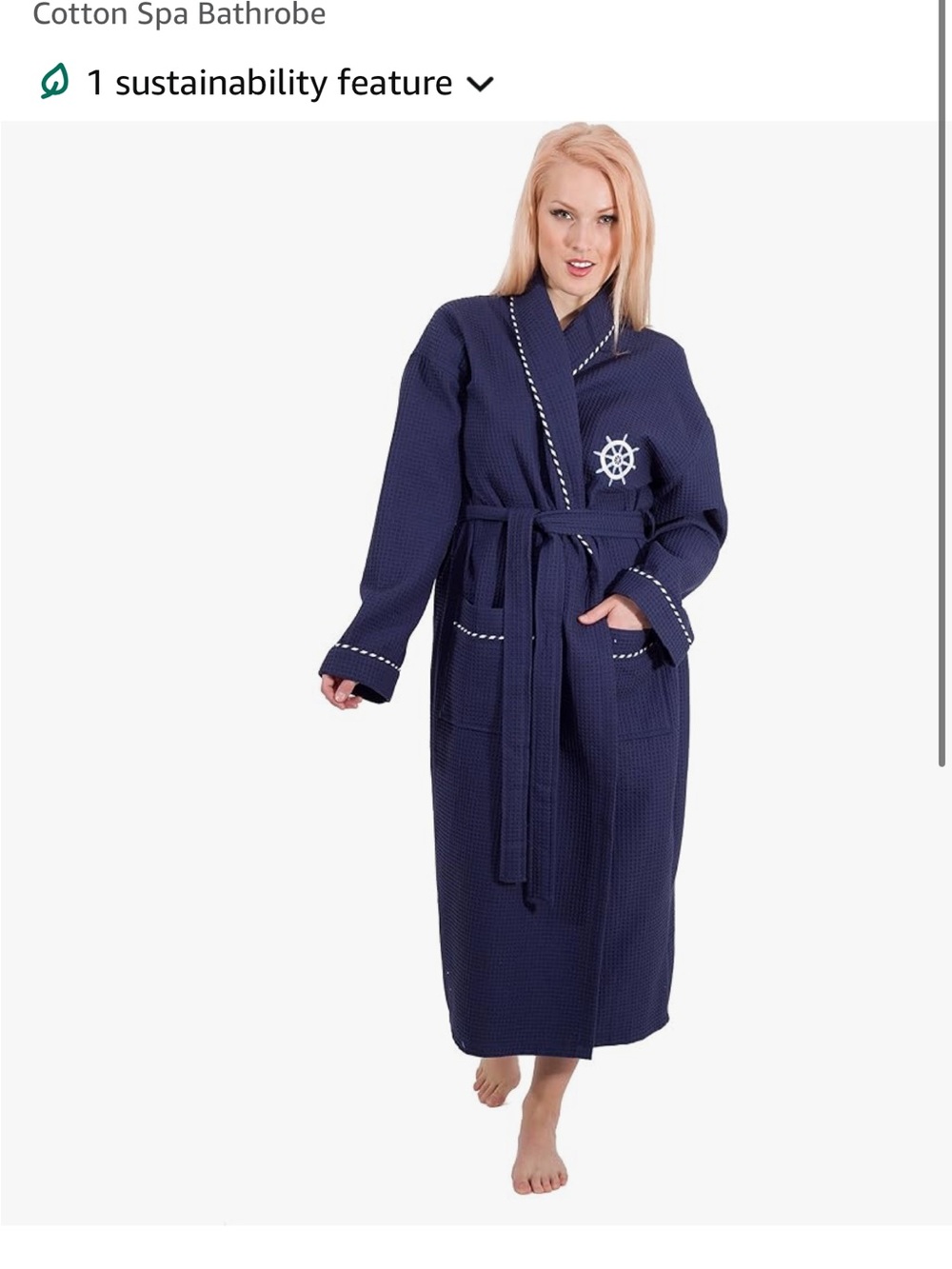 Navy Waffle Kimono Robe with Contrast Trim